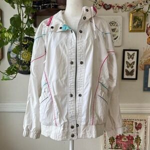 Vintage NY Girl‎ 80s Size LG Windbreaker Ski Zip Up Jacket Retro White